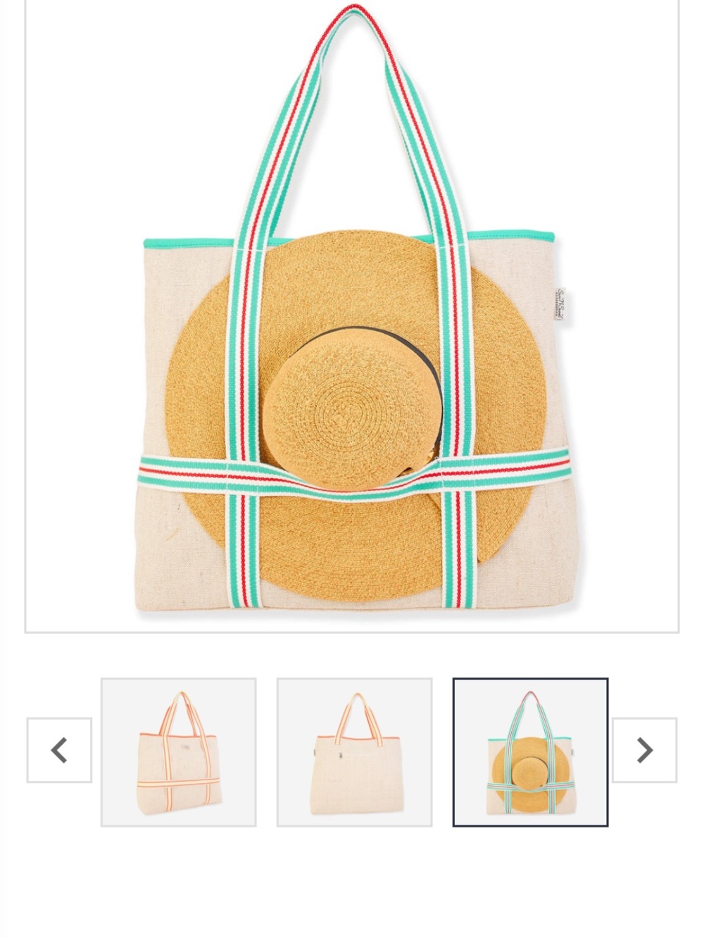 Canvas Straw Accent Tote Bag with Aqua Striped Handles